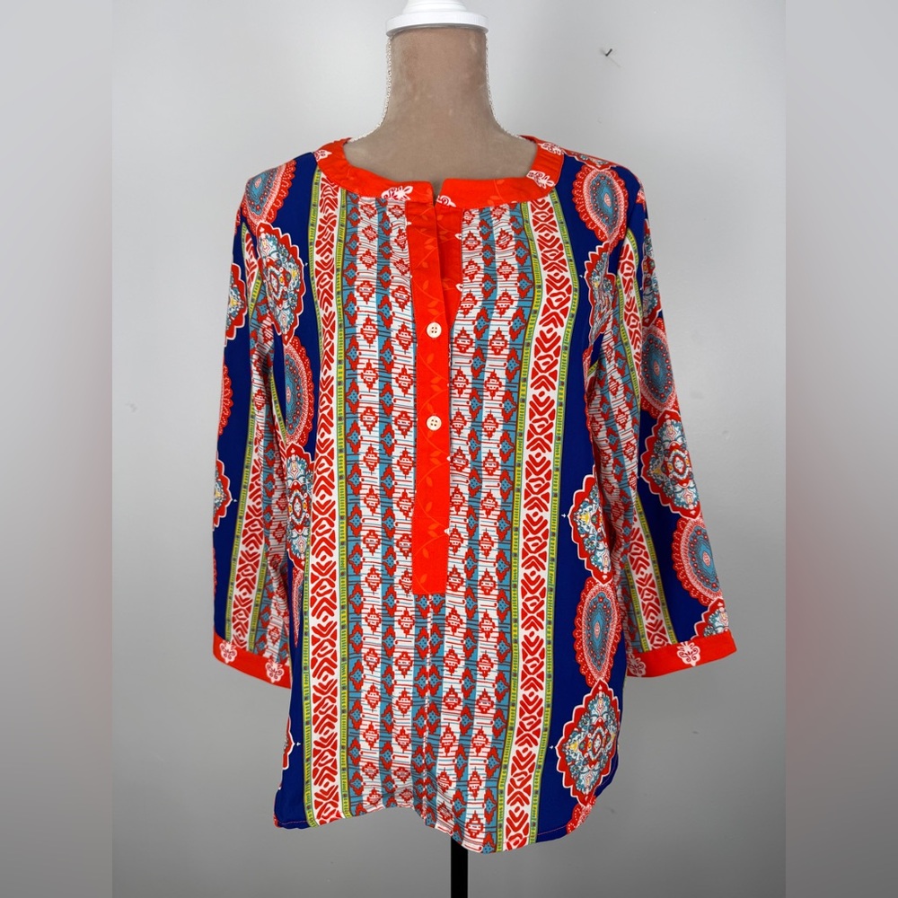 glam Multicolor Boho Print Split-Neck Tunic - Navy, Red, Teal